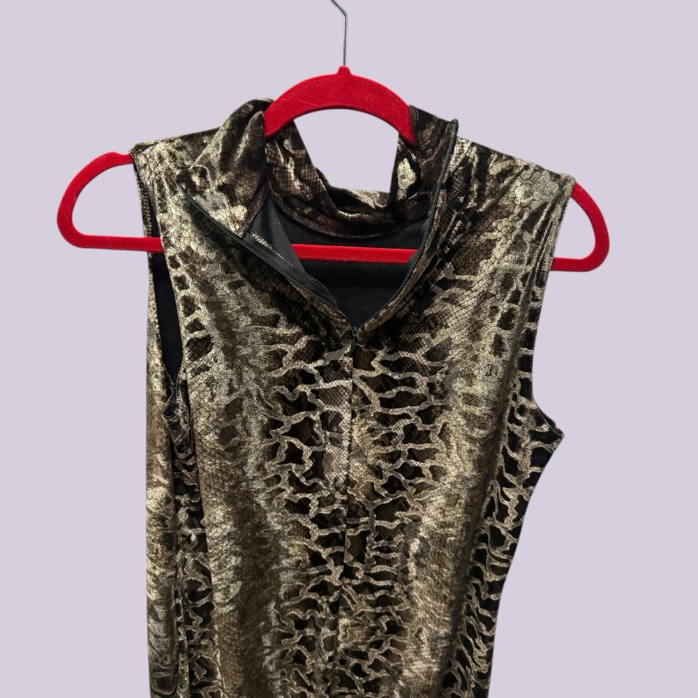 VTG Maggy London Gold and Olive Metallic Animal Print Midi Mock Neck Dress Sz 12 - Picture 5 of 7